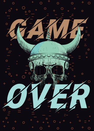 Illustration for Game over. Vector illustration of a viking skull next to the phrase of the end of the game. - Royalty Free Image