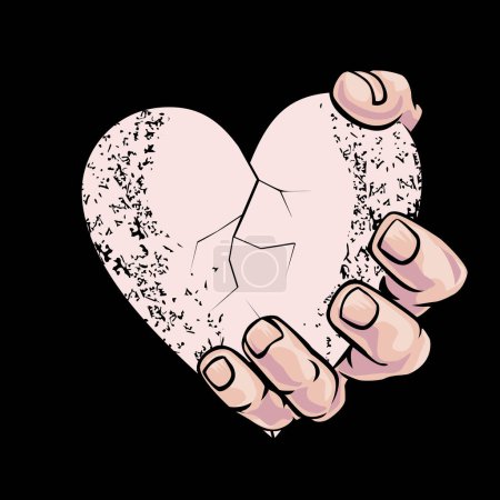 Téléchargez les illustrations : T-shirt design d'une grande main tenant un coeur rose isolé sur noir. Illustration vectorielle pour la Saint-Valentin - en licence libre de droit