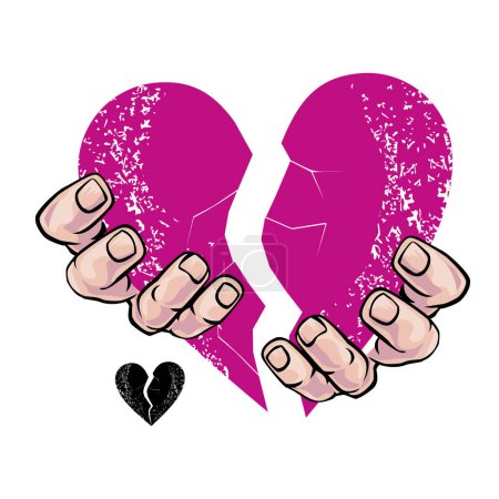 Téléchargez les illustrations : T-shirt design d'un cœur brisé avec deux mains isolées sur blanc. Illustration vectorielle pour la Saint-Valentin - en licence libre de droit