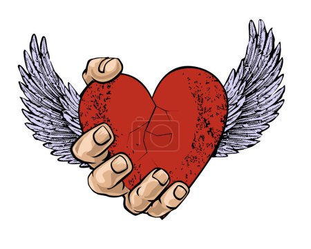 Téléchargez les illustrations : T-shirt design d'une grande main tenant un cœur ailé isolé sur blanc. Illustration vectorielle pour la Saint-Valentin - en licence libre de droit