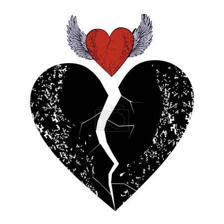 Téléchargez les illustrations : T-shirt design d'un grand coeur noir et d'un coeur rouge ailé isolé sur blanc - en licence libre de droit