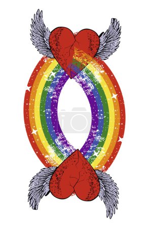 Téléchargez les illustrations : T-shirt design de deux coeurs ailés entrelacés à travers un arc-en-ciel multicolore. Illustration vectorielle pour gay pride day. - en licence libre de droit