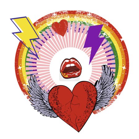 Ilustración de El diseño de la camiseta del corazón alado, el arco iris y los símbolos del rayo. Ilustración vectorial para conmemorar el día del orgullo gay - Imagen libre de derechos