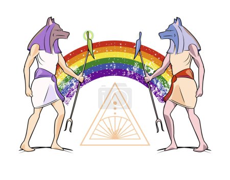 Téléchargez les illustrations : T-shirt design de deux dieux égyptiens unis par un arc-en-ciel. Illustration vectorielle pour gay pride day - en licence libre de droit