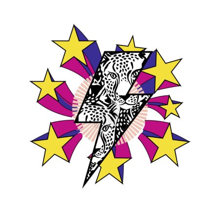 Ilustración de Camiseta de diseño con leopardos y el símbolo del trueno rodeado de estrellas. ilustración vectorial en estilo kitsch. - Imagen libre de derechos