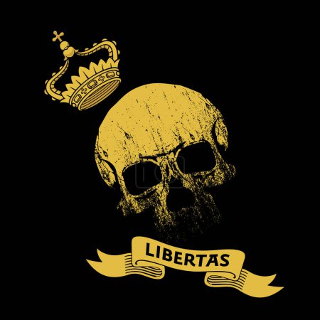 Illustration for Libertas. Design for t-shirt of a golden skull with a crown and a text on a banderole isolated on black. - Royalty Free Image