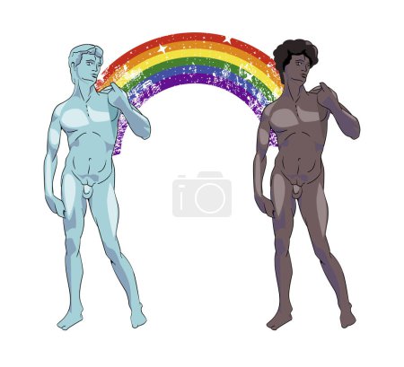 Illustration for Illustration for a t-shirt of a white man and a black man united by a rainbow. Vector illustration for gay pride day. - Royalty Free Image