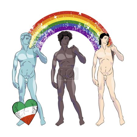 Illustration for Illustration for a t-shirt of three naked men with a rainbow. Vector illustration for gay pride day. - Royalty Free Image