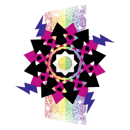 Illustration for Design for a t-shirt with an abstract geometric shape with the symbol of thunder and a rainbow isolated on white. - Royalty Free Image