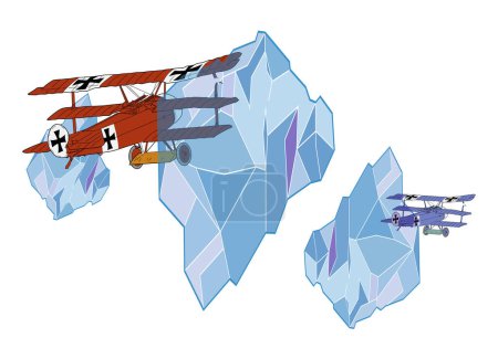 Ilustración de Ilustración vectorial de dos aviones antiguos volando entre hielo flotante. Diseño para camisetas temáticas de la Primera Guerra Mundial. - Imagen libre de derechos
