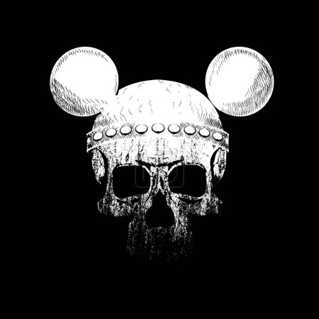 Illustration for T-shirt design of a skull with two mouse ears isolated on black. Vector illustration for halloween - Royalty Free Image