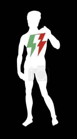 T-shirt design of the silhouette of a Renaissance sculpture next to the symbol of thunderbolt with the colors of Italy. Statue of David from Florence, Italy made by Michelangelo.