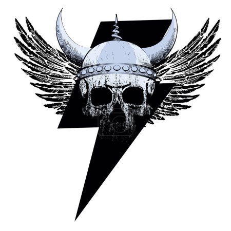 Illustration for Viking skull t-shirt design with thunder symbol and wings. - Royalty Free Image