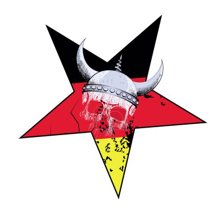 Ilustración de Camiseta de diseño de un cráneo vikingo en una estrella con los colores de la bandera alemana. - Imagen libre de derechos