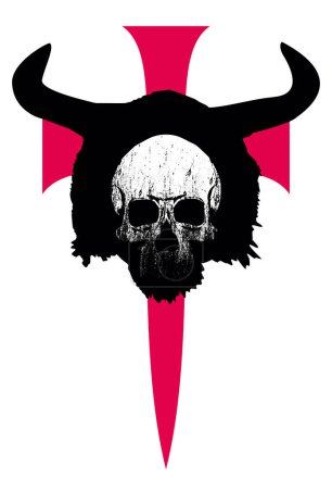 Illustration for Viking skull t-shirt design on a large red medieval cross isolated on white. vector illustration for themes of medieval wars. - Royalty Free Image