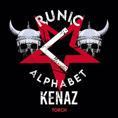 Illustration for Runic alphabet t-shirt design with star and two viking skulls. Runic letter called Kenaz large and white. - Royalty Free Image