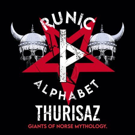 Illustration for Runic alphabet t-shirt design with star and two viking skulls. Runic letter called Thurisaz large and white. - Royalty Free Image