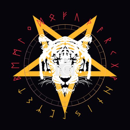 Illustration for Design for t-shirt of tiger head over demon star and runic alphabet. vector illustration about satanic rites. - Royalty Free Image