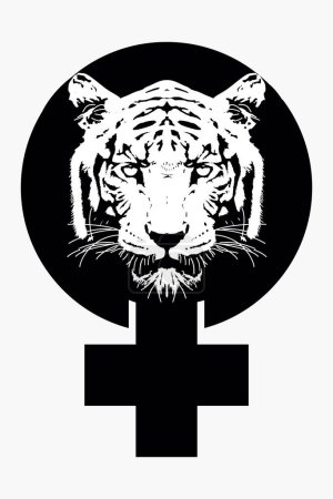 Ilustración de Diseño para una camiseta cara de tigre en el símbolo del feminismo en blanco y negro. ilustración vectorial para la lucha de los derechos humanos. - Imagen libre de derechos