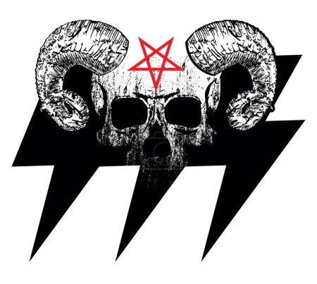 Illustration for Satanic skull t-shirt design with goat horns over the symbol of thunderbolt. - Royalty Free Image