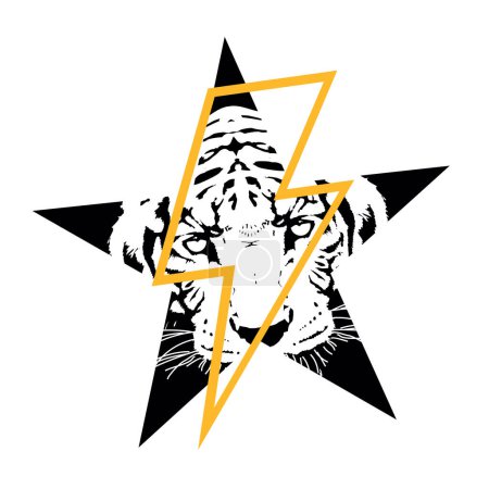 Ilustración de Camiseta de diseño de una estrella con la cabeza de un tigre y el símbolo del rayo. Ilustración vectorial sobre animales en peligro de extinción. - Imagen libre de derechos