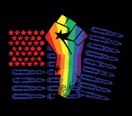 Illustration for T-shirt design of a fist with the colors of the rainbow and an American flag made up of bullets and stars. Anti-war poster. Vector illustration for black history month. Gay pride. - Royalty Free Image