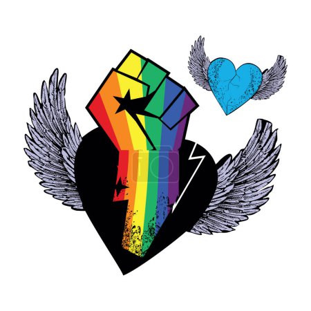 Illustration for Clenched fist t-shirt design with rainbow colors and winged hearts. Vector illustration for gay pride day. Image good for black history month. - Royalty Free Image