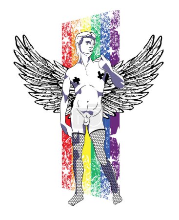 Illustration for T-shirt design of Michelangelo's David with wings and women's stockings on a rainbow. Vector illustration for gay pride day. - Royalty Free Image
