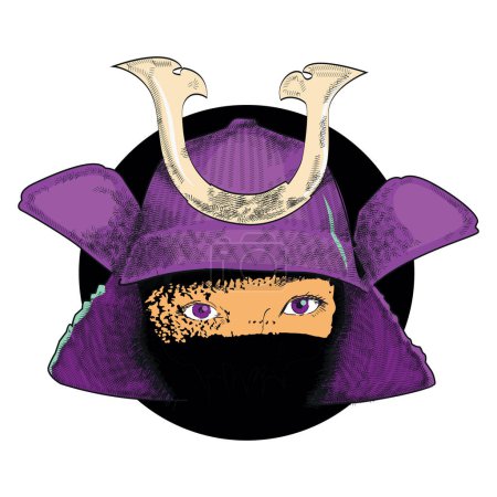 Téléchargez les illustrations : T-shirt design pour une jeune femme asiatique avec un casque de samouraï. Illustration vectorielle pour un look féministe. - en licence libre de droit