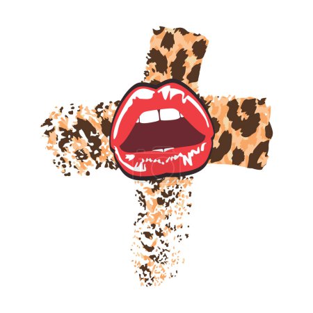 Illustration for T-shirt design of sensual red lips on a cross with animal print. Vector illustration for the textile industry. SHOTLIST1990. - Royalty Free Image