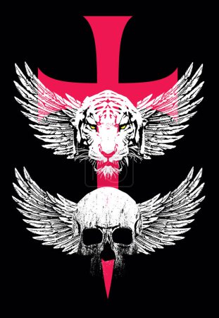 Illustration for T-shirt design of a winged skull and a tiger head on a large medieval cross on a black background. Vector illustration about fantastic creatures and medieval deeds. - Royalty Free Image