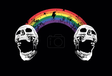 Téléchargez les illustrations : T-shirt design de deux crânes rejoints par un arc-en-ciel. Illustration vectorielle pour gay pride day. - en licence libre de droit