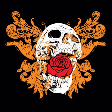 Illustration for T-shirt design of a skull with a rose and a butterfly isolated on black - Royalty Free Image