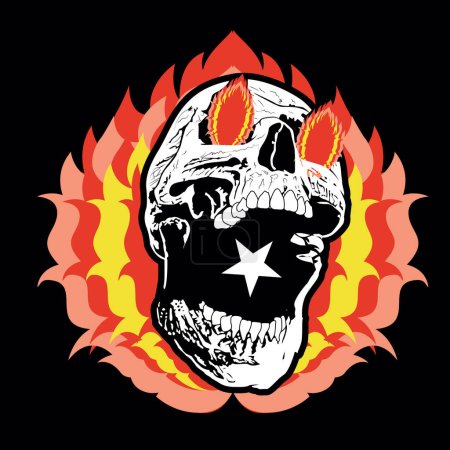 Illustration for Burning skull t-shirt design isolated on black. Demonic character vector illustration - Royalty Free Image