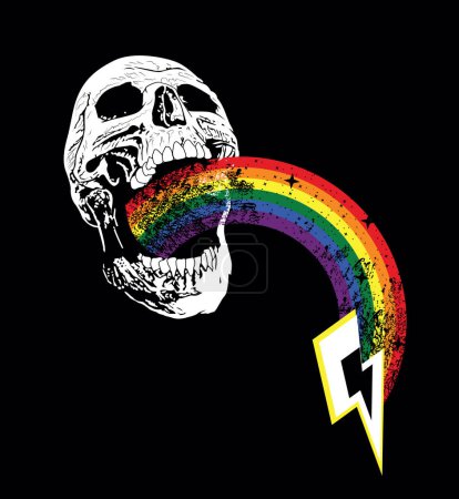Illustration for T-shirt design of a skull with a rainbow coming out of the mouth and the symbol of thunderbolt. Good illustration for gay pride day - Royalty Free Image