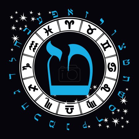 Téléchargez les illustrations : Illustration vectorielle de l'alphabet hébreu et des signes du zodiaque. Lettre hébraïque appelée Teth bleu et grand - en licence libre de droit