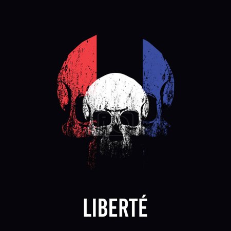 Illustration for Liberte. T-shirt design of a skull with blue, white and red colors and white typography on a black background. Ironic illustration about the values of the French revolution - Royalty Free Image
