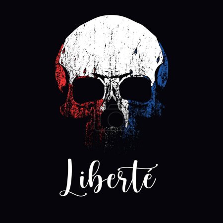 Illustration for Liberte. T-shirt design of a skull with blue, white and red colors and manual typography on a black background. Ironic illustration about the values of the French revolution. - Royalty Free Image