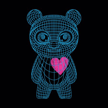 Illustration for T-shirt design of a bear with a pink heart isolated on black. Vector illustration for Valentine's Day. - Royalty Free Image