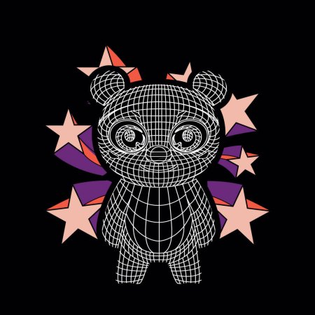 Illustration for T-shirt design of a bear surrounded by stars on a black background. Linear illustration for Valentine's Day. - Royalty Free Image