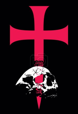 Ilustración de Camiseta de diseño de un cráneo caído bajo una gran cruz medieval. Buena ilustración para temas heráldicos. - Imagen libre de derechos