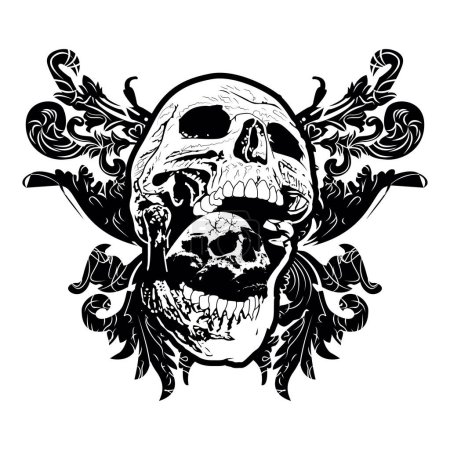 Ilustración de Camiseta de diseño de dos cráneos y arabescos en blanco y negro. Ilustración vectorial buena para tatuajes satánicos. - Imagen libre de derechos