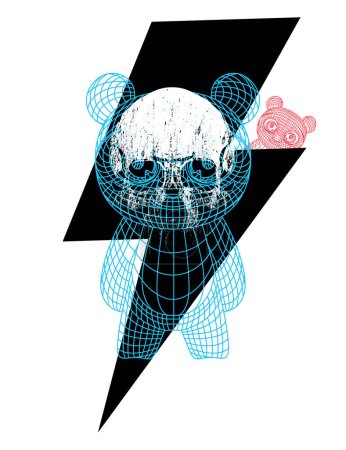 Illustration for Thunderbolt symbol t-shirt design with skull and Teddy bear. Futuristic linear illustration - Royalty Free Image