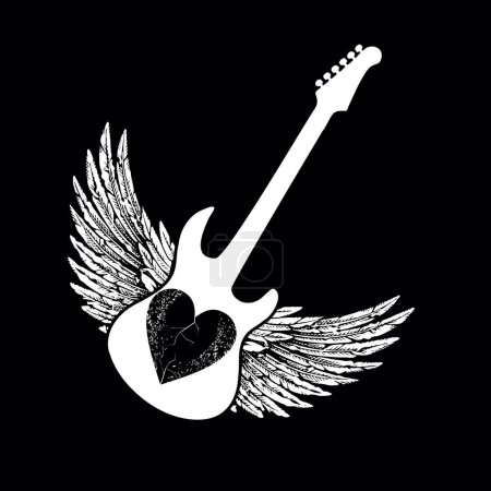 Illustration for Design for an electric guitar t-shirt with wings and a heart isolated on black. Glam rock poster - Royalty Free Image