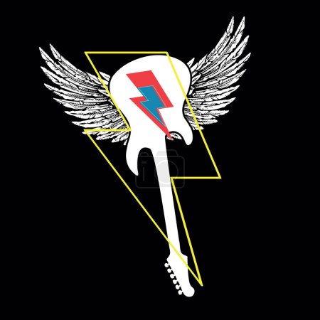 Illustration for Winged guitar t-shirt design with thunderbolt symbol isolated on black. Glam rock poster. - Royalty Free Image