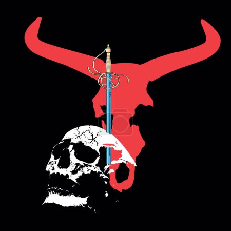 Illustration for Skull t-shirt design with a sword on a horned animal silhouette. Demonic vector illustration. - Royalty Free Image