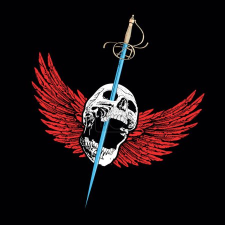 Illustration for Winged skull with a sword t-shirt design. - Royalty Free Image