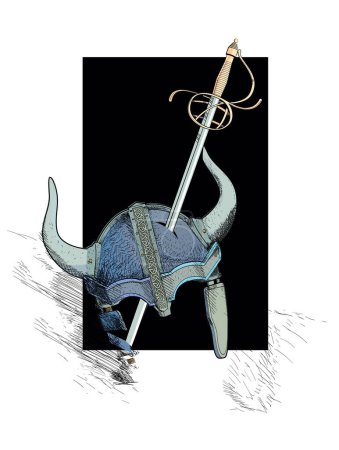Ilustración de Camiseta de casco vikingo de diseño con espada medieval. Portada de cómic. - Imagen libre de derechos