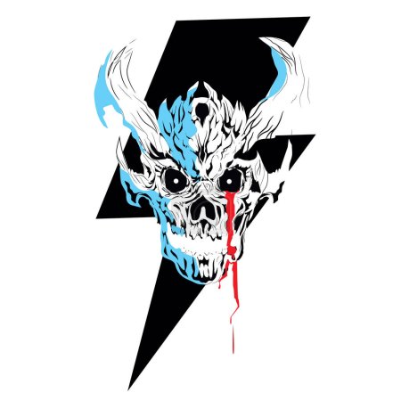Ilustración de Camiseta de diseño de un cráneo con cuernos en un símbolo de rayo. Cartel de rock and roll satánico. - Imagen libre de derechos