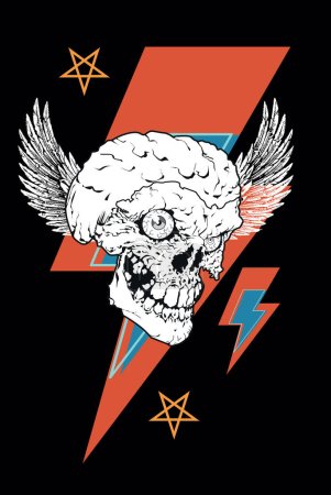 Illustration for Winged skull t-shirt design with the symbol of thunderbolt and stars. Good illustration for satanic rock and roll. - Royalty Free Image